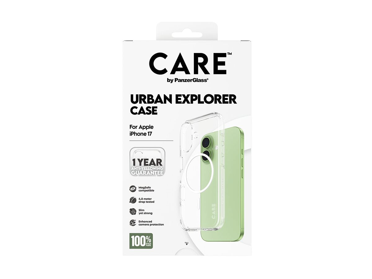 CARE by PanzerGlass� Flagship Case Transparent Urban Explorer w. White MagSafe iPhone 17 — Front