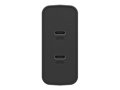 OtterBox Wall Charger - Netspanningsadapter - 50 Watt - 3 A - PD 3.0, USB BC 1.2 - 2 uitgangsaansluitingen (USB-C) - glinsterend zwart — Ports / controls