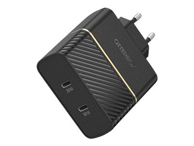 OtterBox Wall Charger - Netspanningsadapter - 50 Watt - 3 A - PD 3.0, USB BC 1.2 - 2 uitgangsaansluitingen (USB-C) - glinsterend zwart — Right-angle