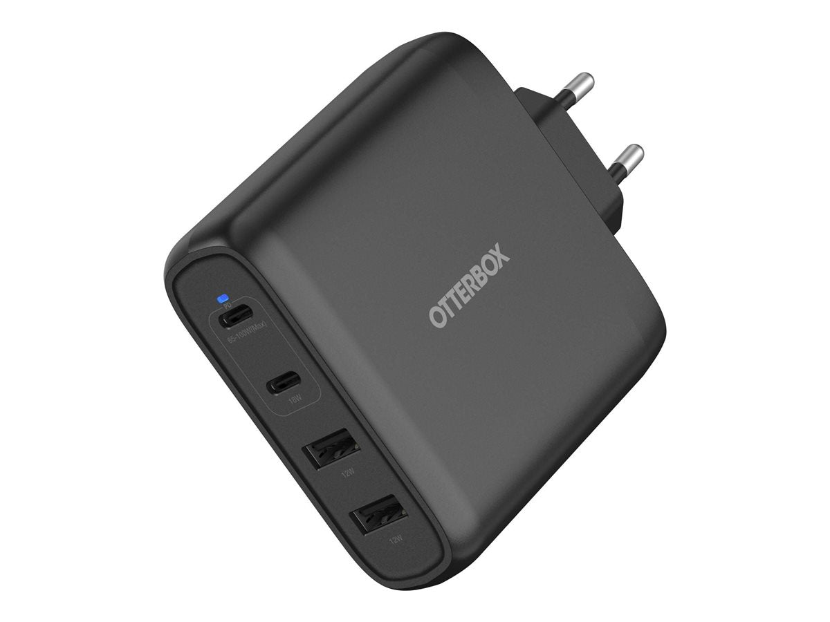 OtterBox Standard - Netspanningsadapter - 100 Watt - Fast Charge, PD - 4 uitgangsaansluitingen (2x USB-C, 2x 9 pins-USB type A) - zwart - Europa (behalve GB) — Right-angle